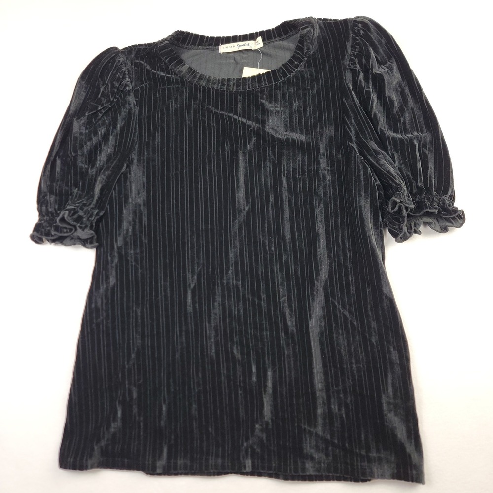 Live To Be Spoiled Womens XL Black Ribbed Velvet Puff Sleeve Top BLK RIB VEL